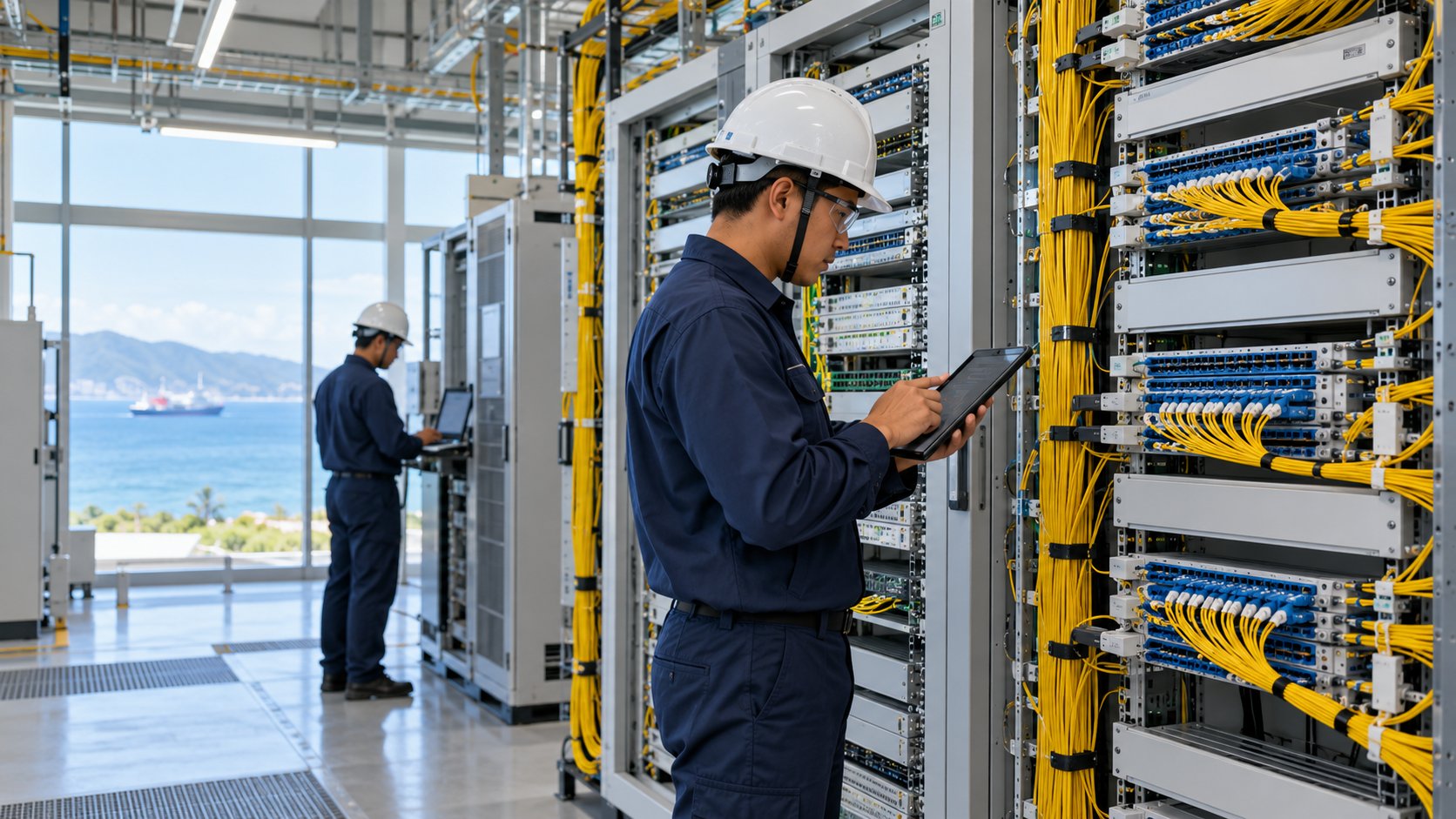 Equipment installation at a cable landing station — illustrative image